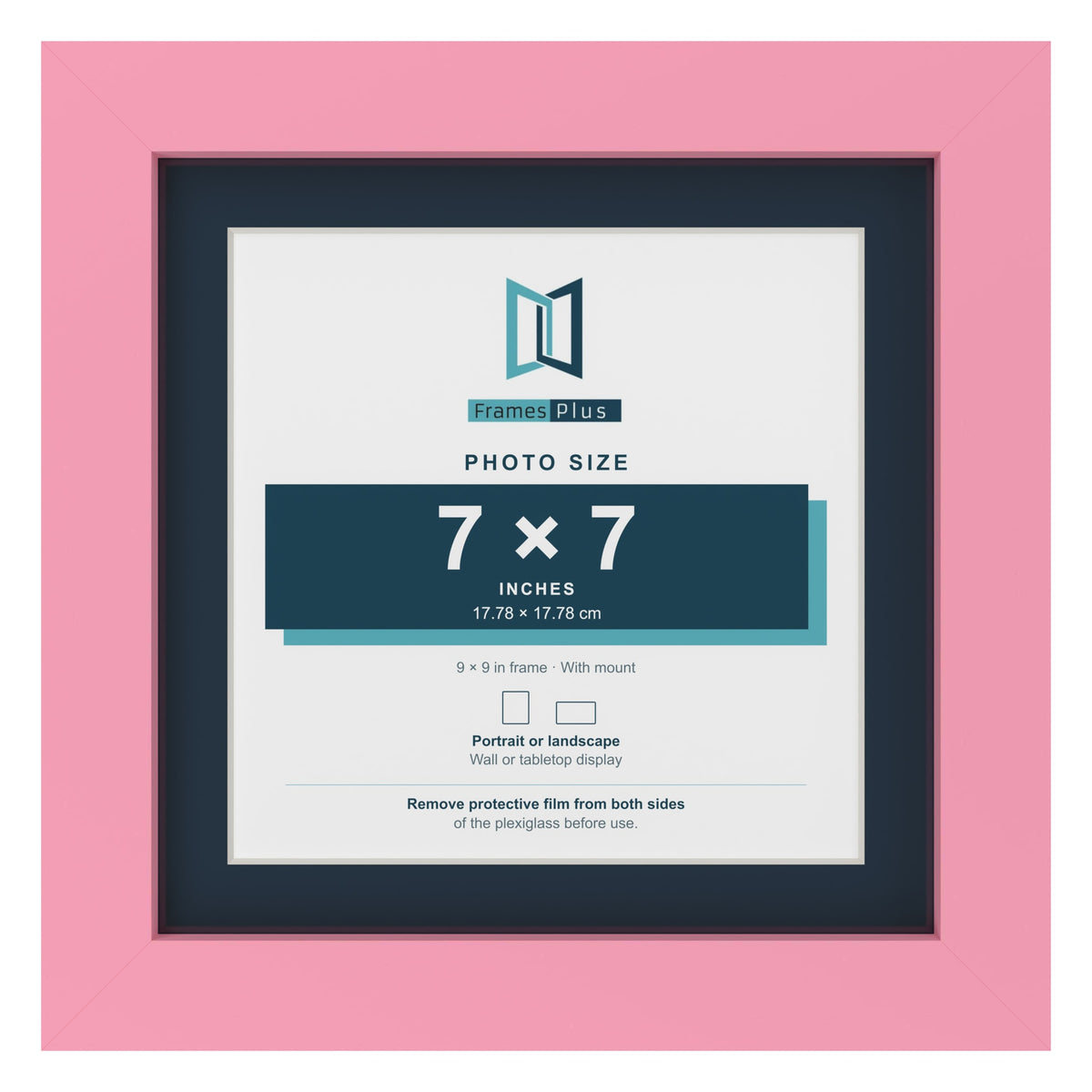 Baby Pink 9 x 9 inch picture frame with a Pacific Blue mount for a 7 x 7 inch photo