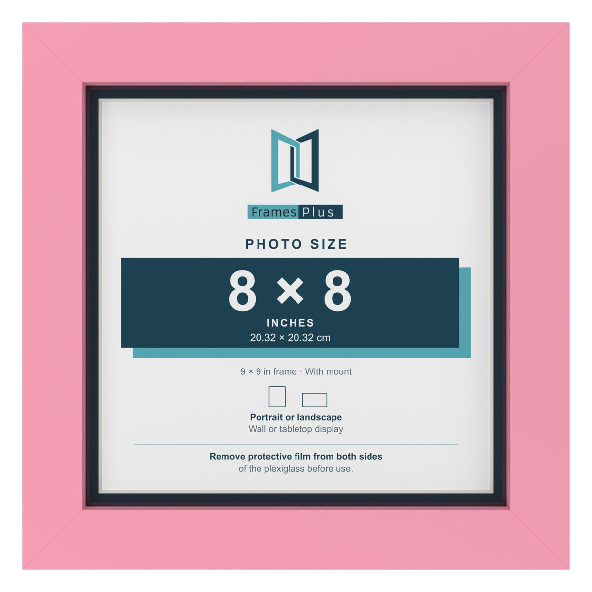 Baby Pink 9 x 9 inch picture frame with a Pacific Blue mount for an 8 x 8 inch photo