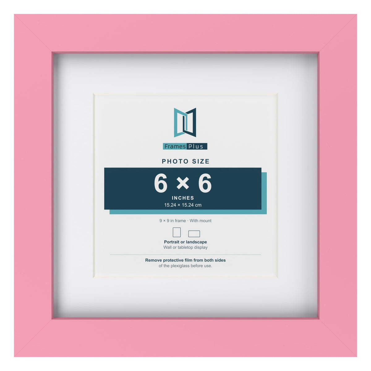 Baby Pink 9 x 9 inch picture frame with a white mount for a 6 x 6 inch photo