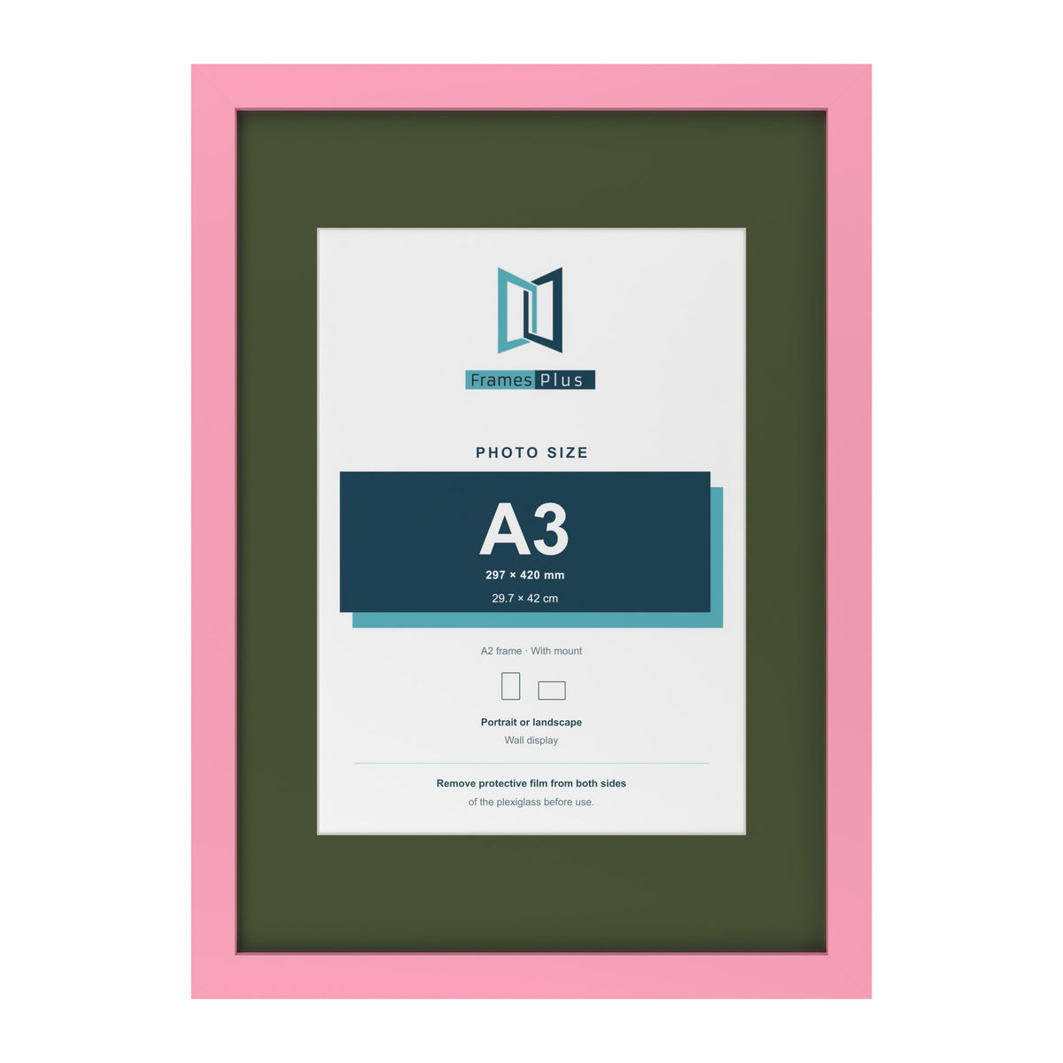 Baby Pink A2 picture frame with a green mount for an A3 photo