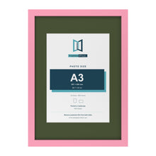 Baby Pink A2 picture frame with a green mount for an A3 photo