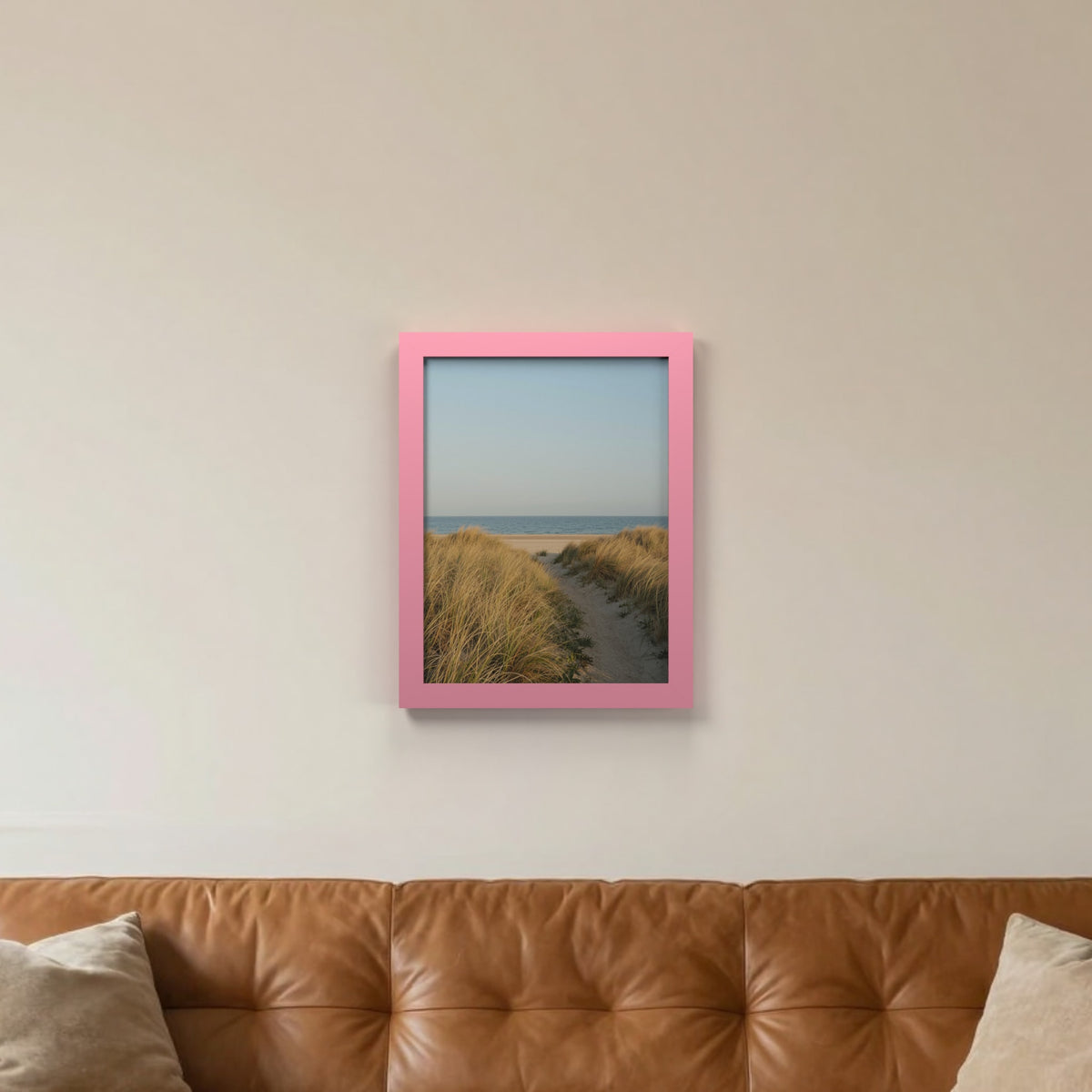 Baby Pink picture frame hanging on a living room wall