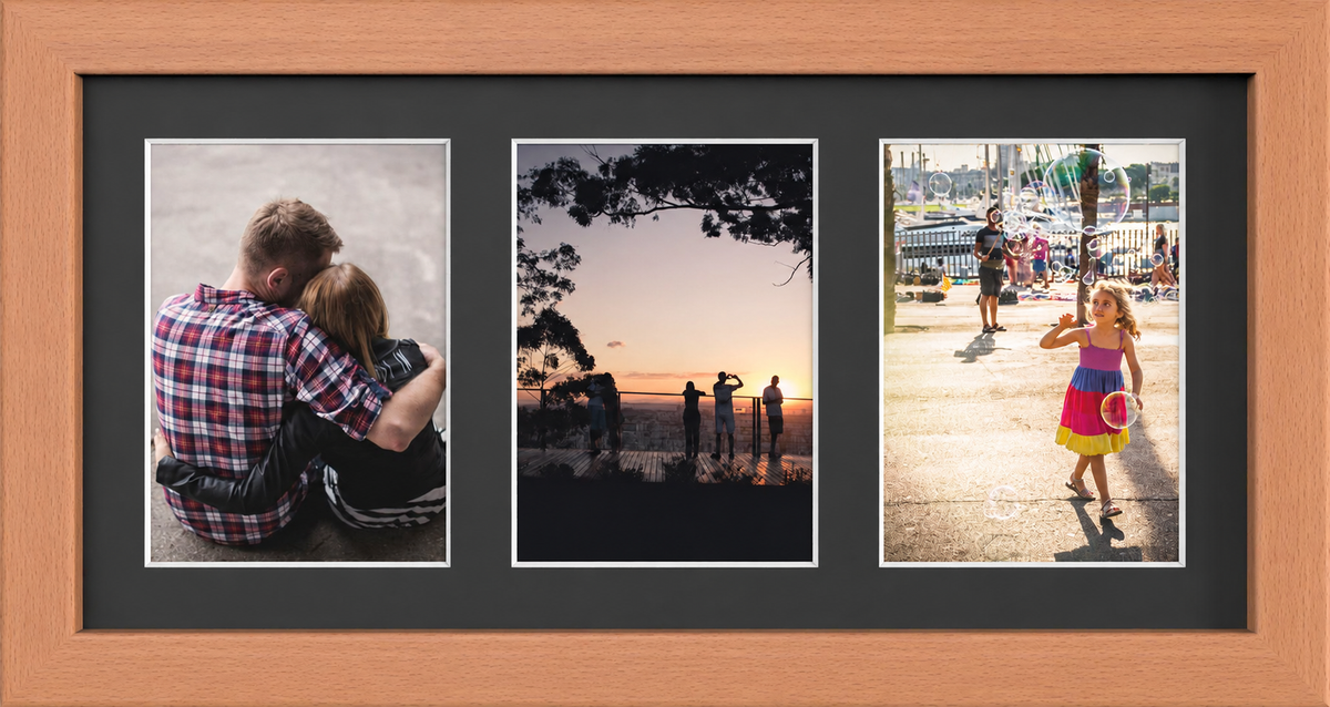 Beech Multi-Aperture Frame for 3 Photos 7x5" with Black Mount displaying photographs