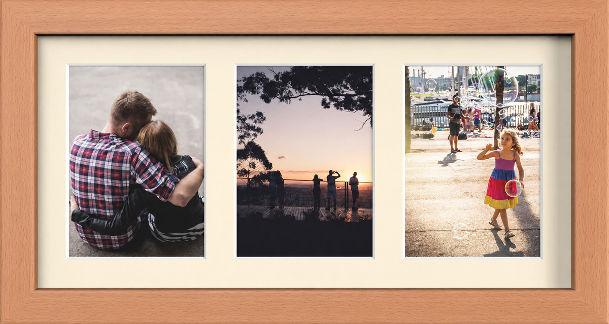 Beech Multi-Aperture Frame for 3 Photos 7x5" with Ivory Mount displaying photographs