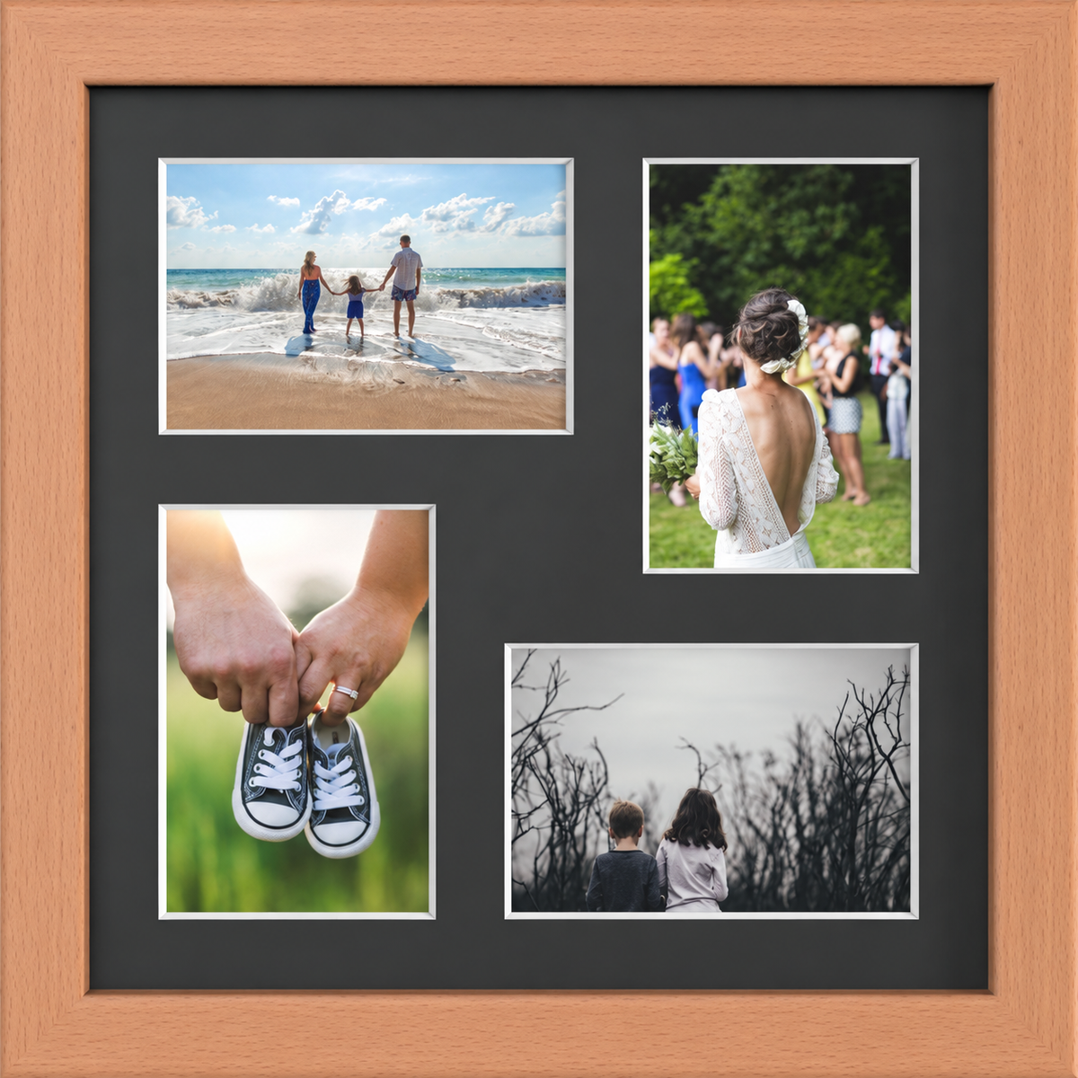 Beech Multi-Aperture Frame for 4 Photos 6x4" with Black Mount displaying photographs