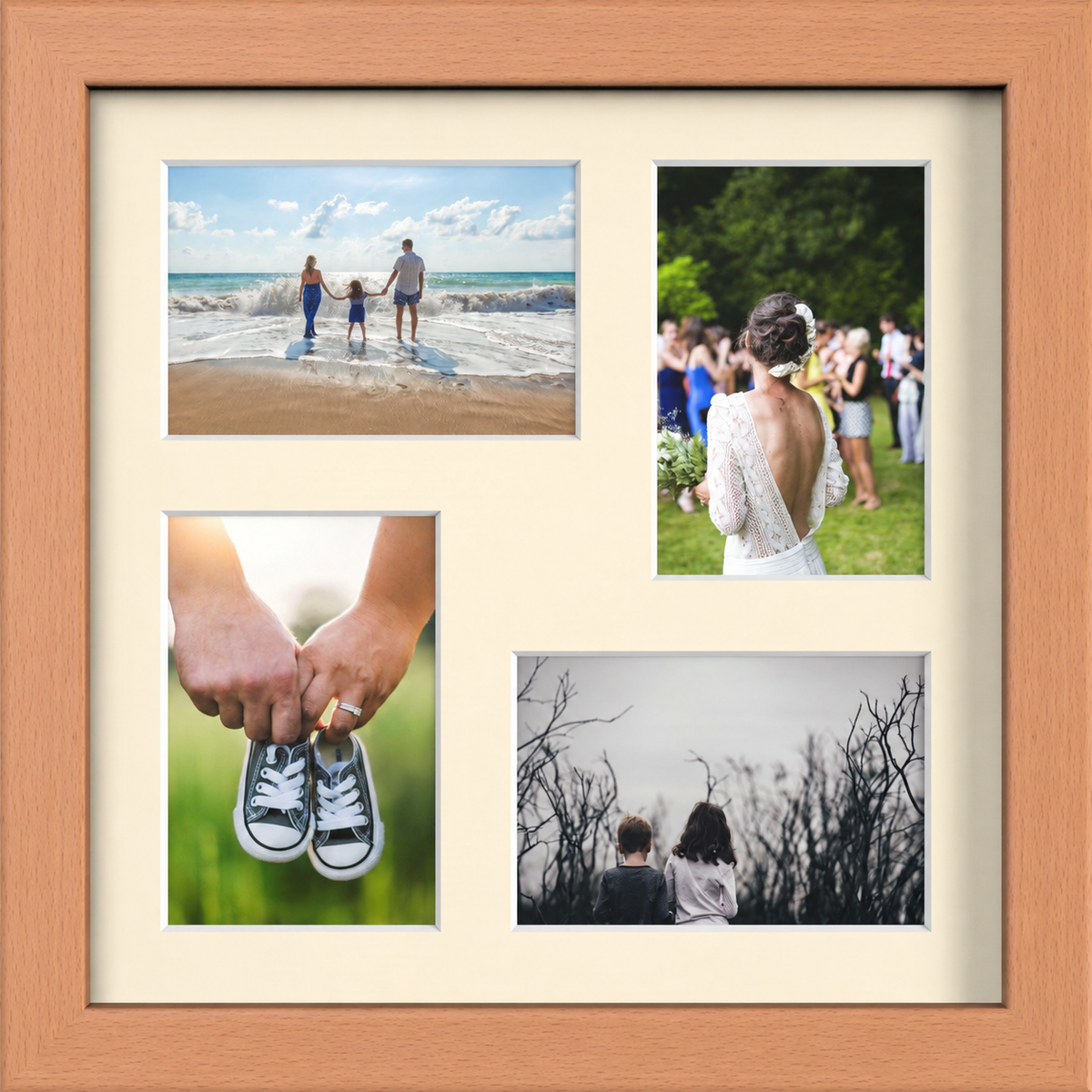 Beech Multi-Aperture Frame for 4 Photos 6x4" with Ivory Mount displaying photographs