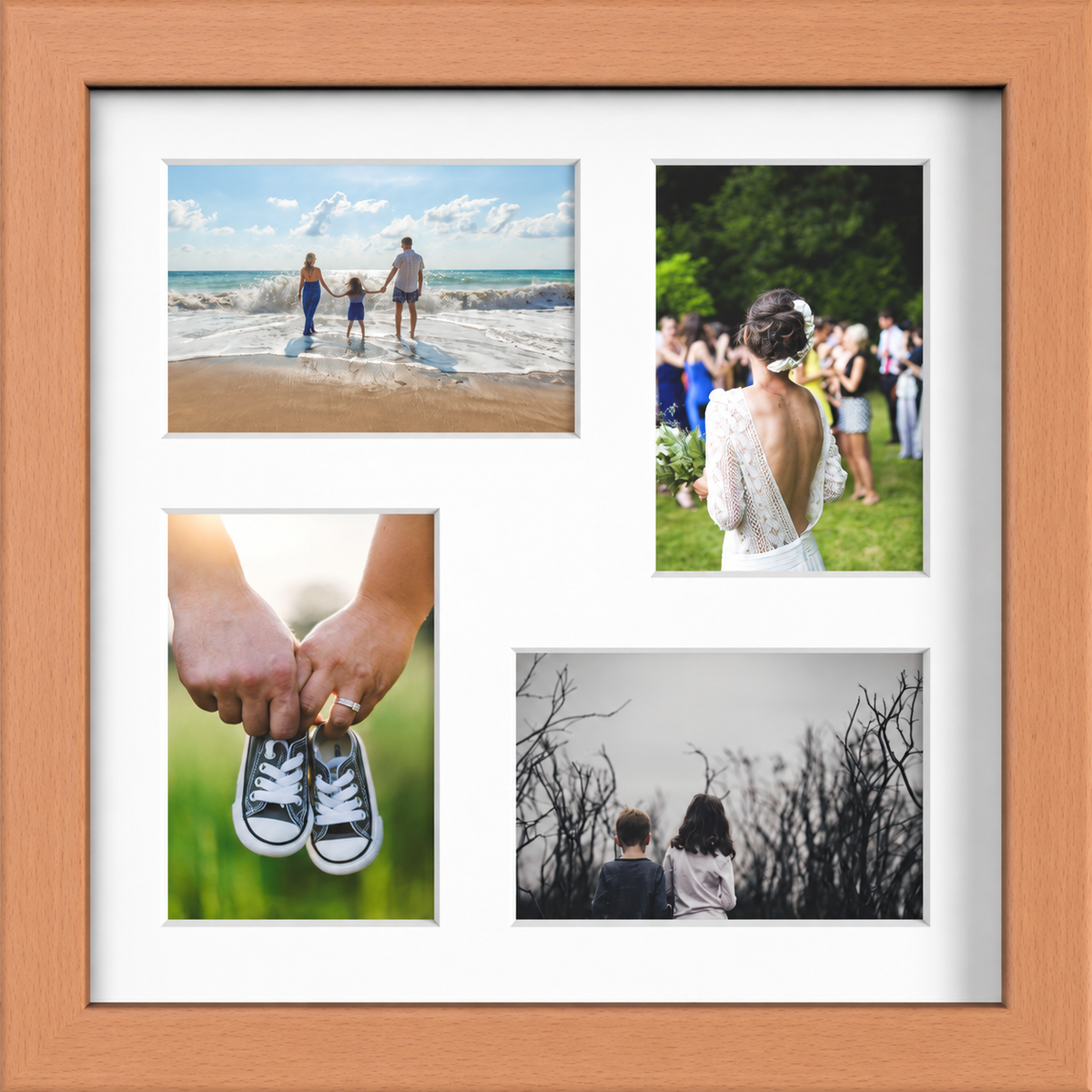 Beech Multi-Aperture Frame for 4 Photos 6x4" with White Mount displaying photographs