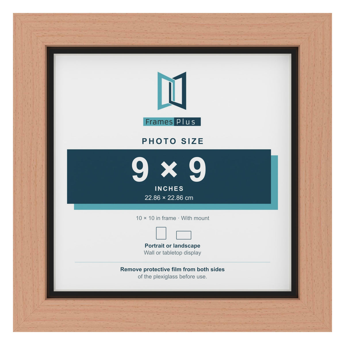 Beech 10 x 10 inch picture frame with a black mount for a 9 x 9 inch photo