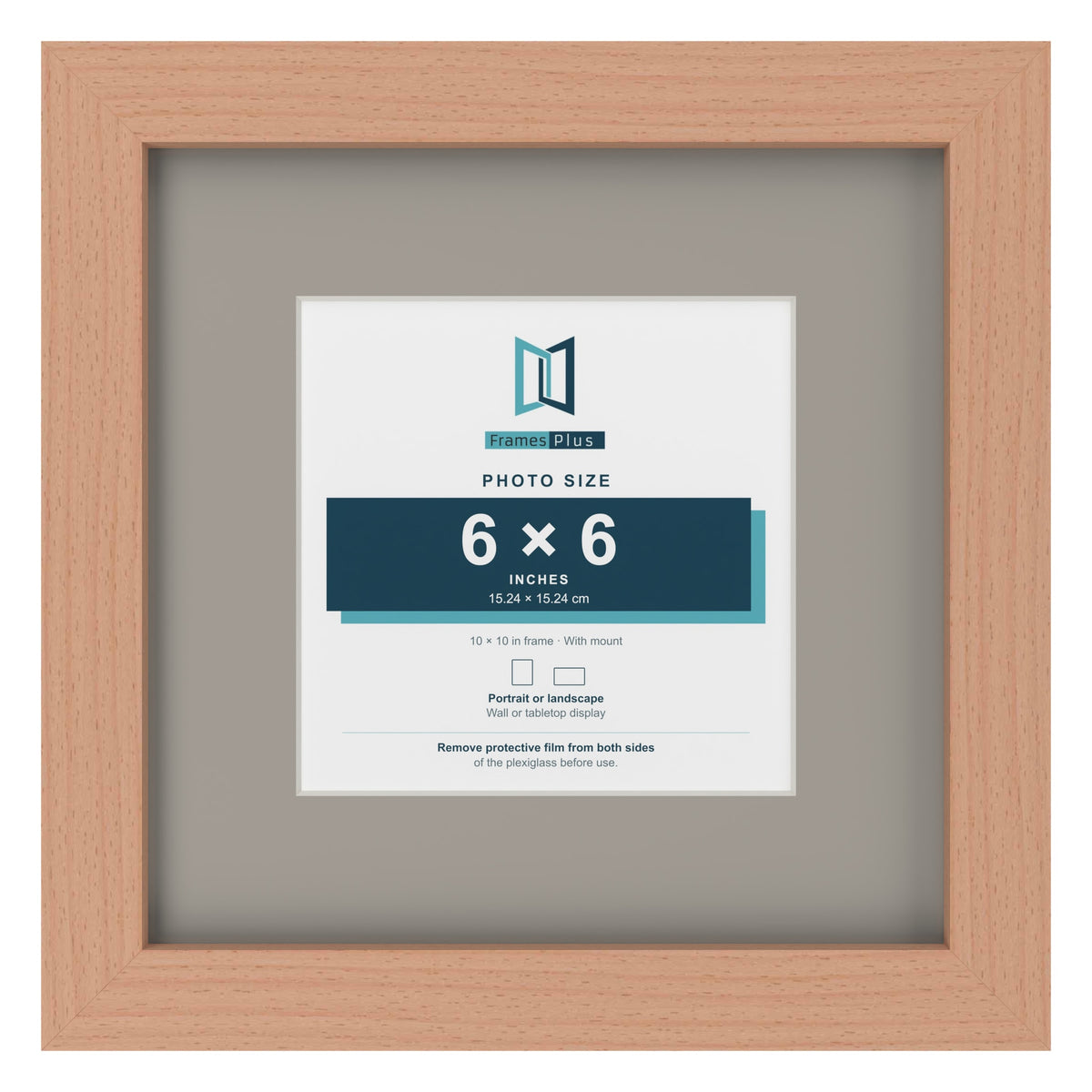 Beech 10 x 10 inch picture frame with a Dawn Grey mount for a 6 x 6 inch photo