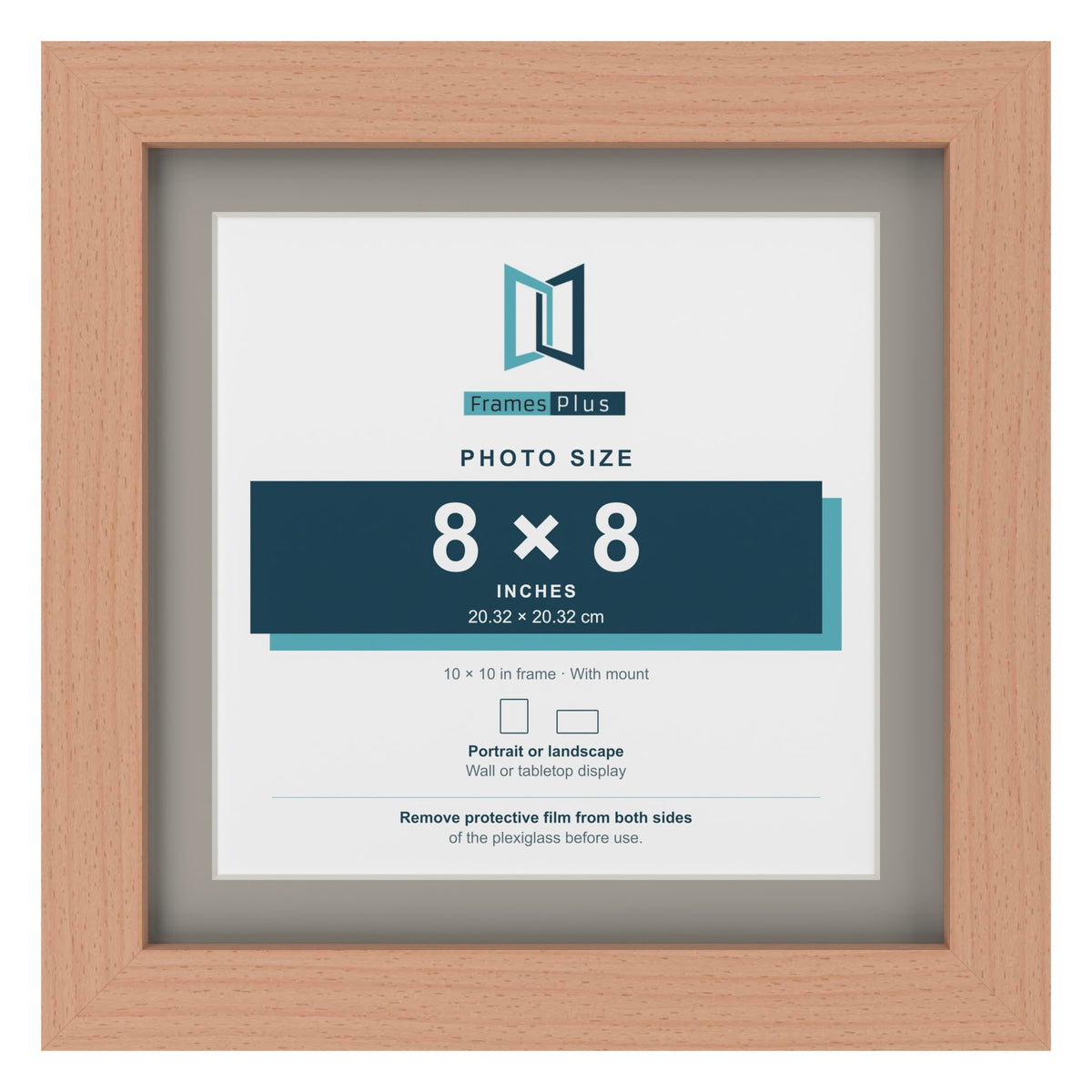 Beech 10 x 10 inch picture frame with a Dawn Grey mount for an 8 x 8 inch photo