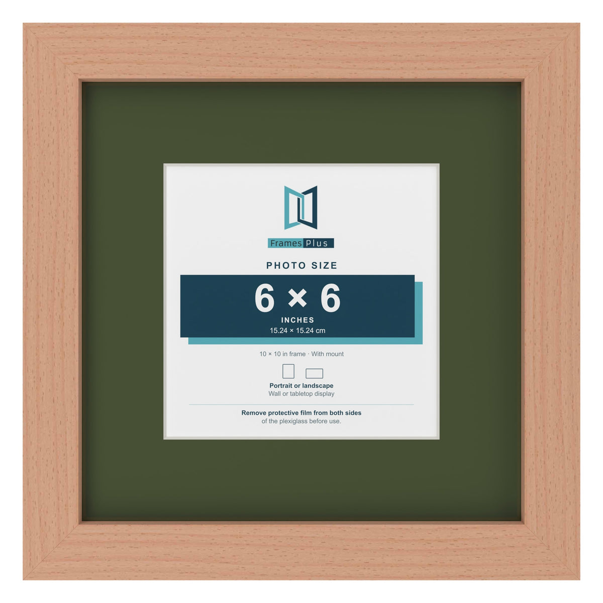 Beech 10 x 10 inch picture frame with a green mount for a 6 x 6 inch photo