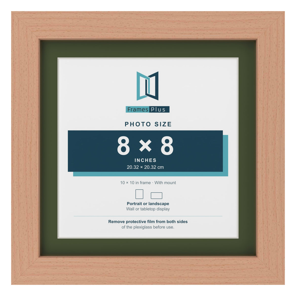 Beech 10 x 10 inch picture frame with a green mount for an 8 x 8 inch photo