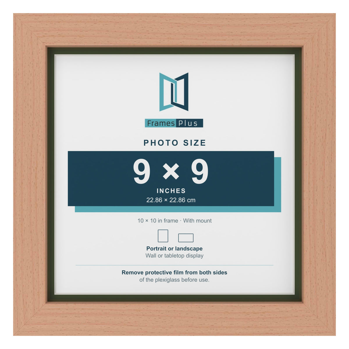Beech 10 x 10 inch picture frame with a green mount for a 9 x 9 inch photo