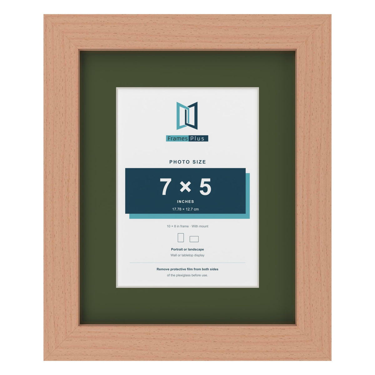 Beech 10 x 8 inch picture frame with a green mount for a 7 x 5 inch photo