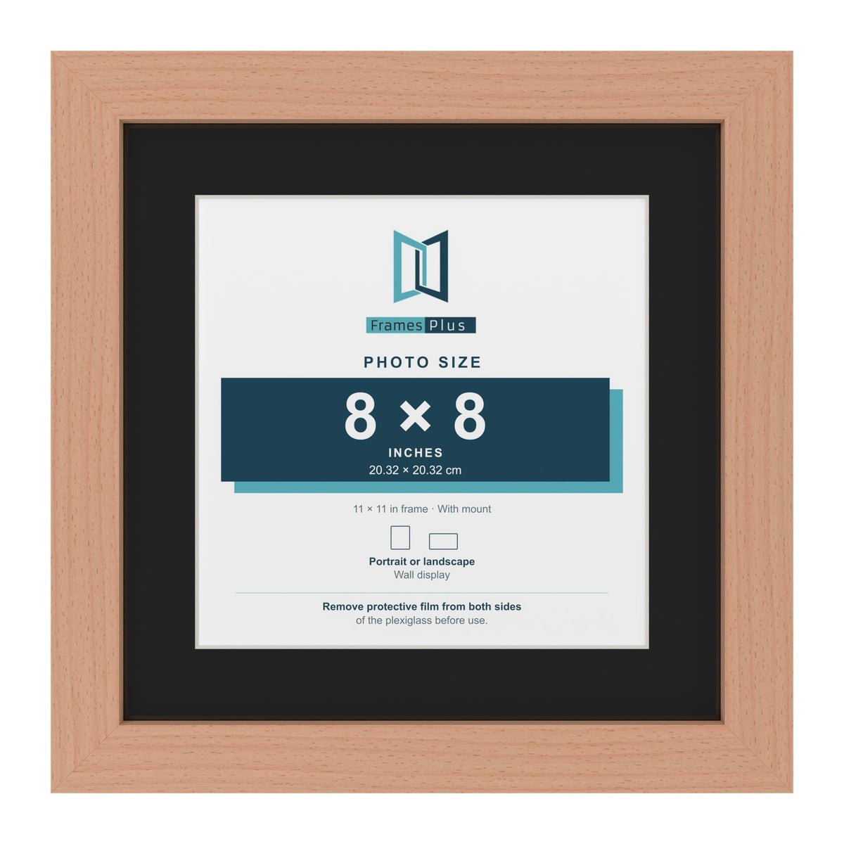 Beech 11 x 11 inch picture frame with a black mount for an 8 x 8 inch photo