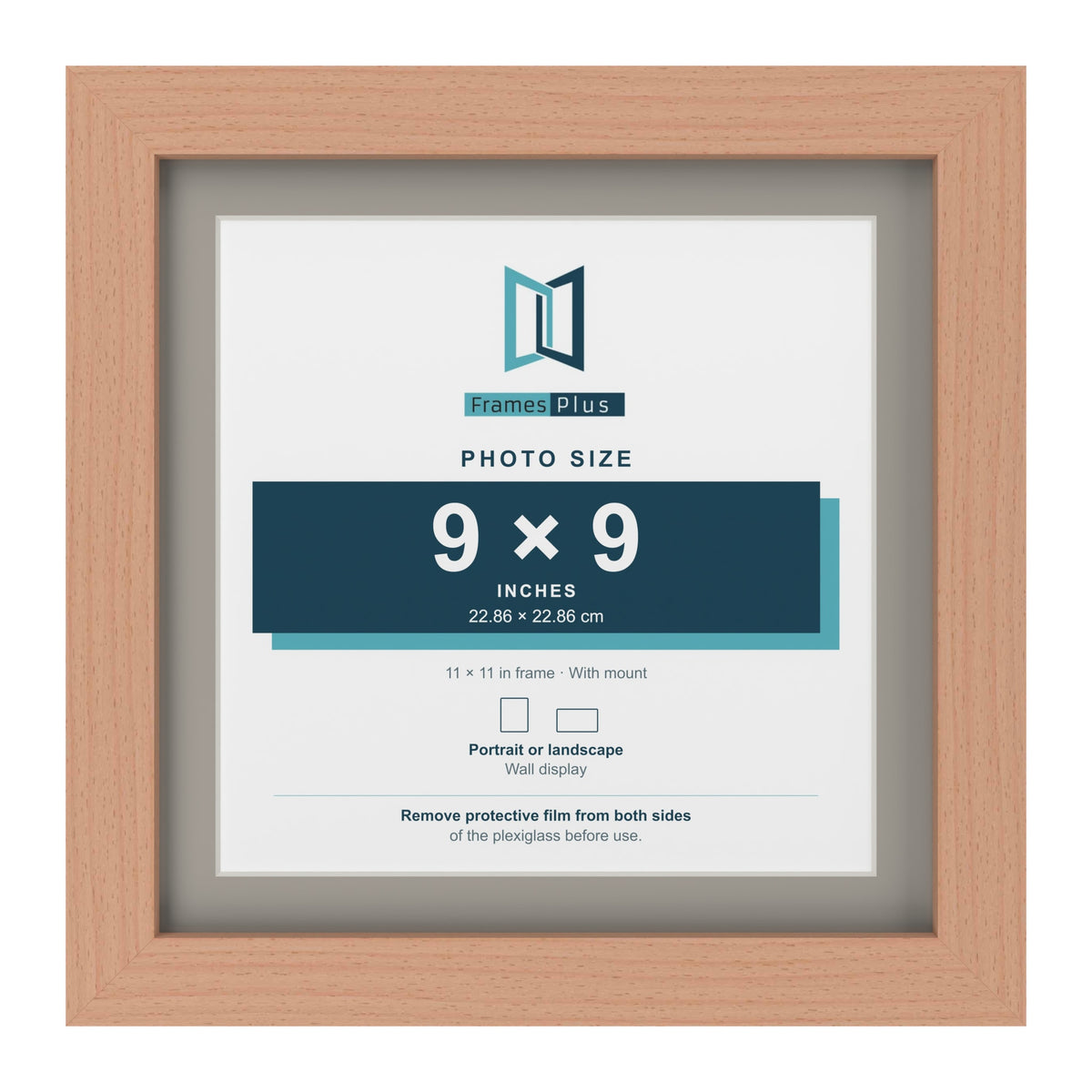 Beech 11 x 11 inch picture frame with a Dawn Grey mount for a 9 x 9 inch photo