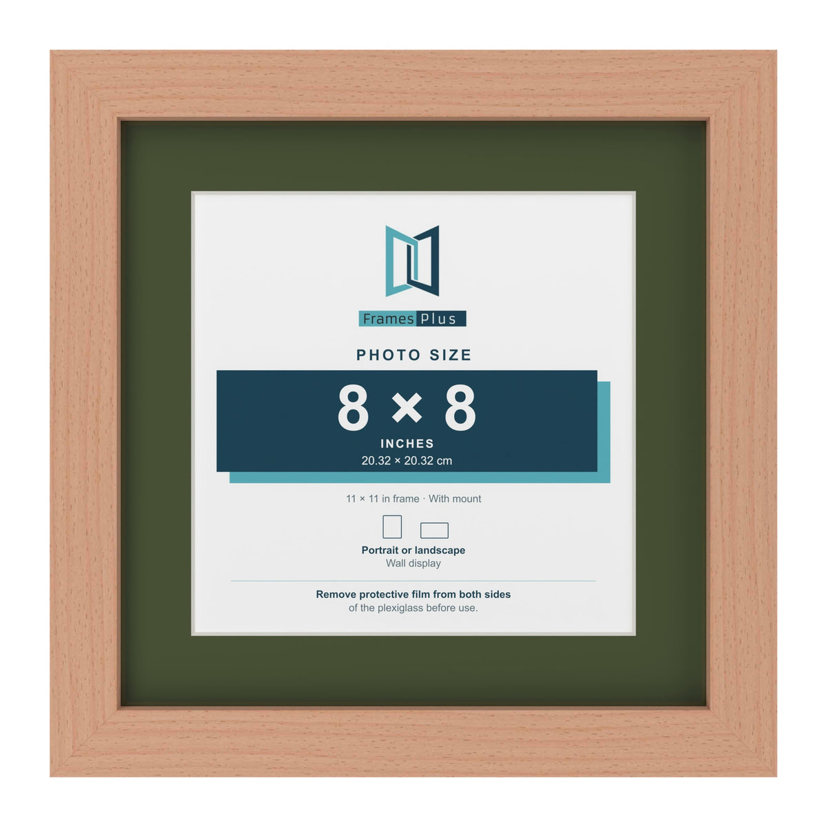 Beech 11 x 11 inch picture frame with a green mount for an 8 x 8 inch photo