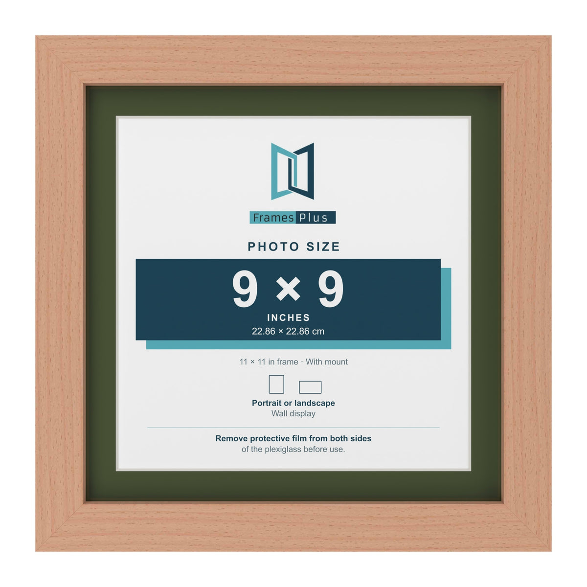 Beech 11 x 11 inch picture frame with a green mount for a 9 x 9 inch photo
