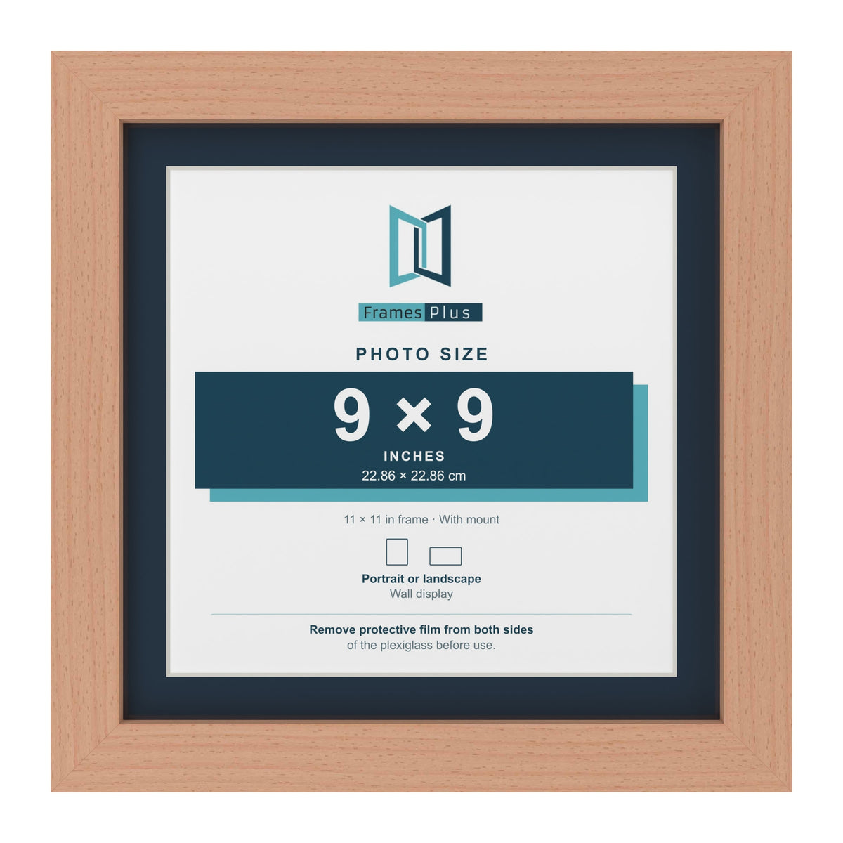 Beech 11 x 11 inch picture frame with a Pacific Blue mount for a 9 x 9 inch photo