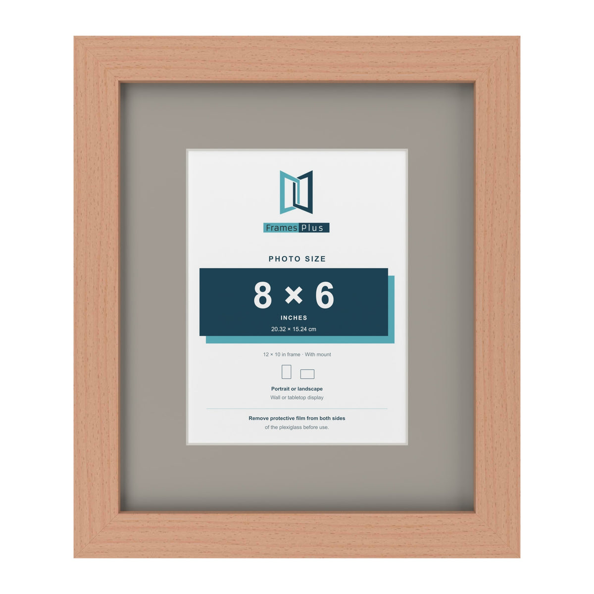 Beech 12 x 10 inch picture frame with a Dawn Grey mount for an 8 x 6 inch photo