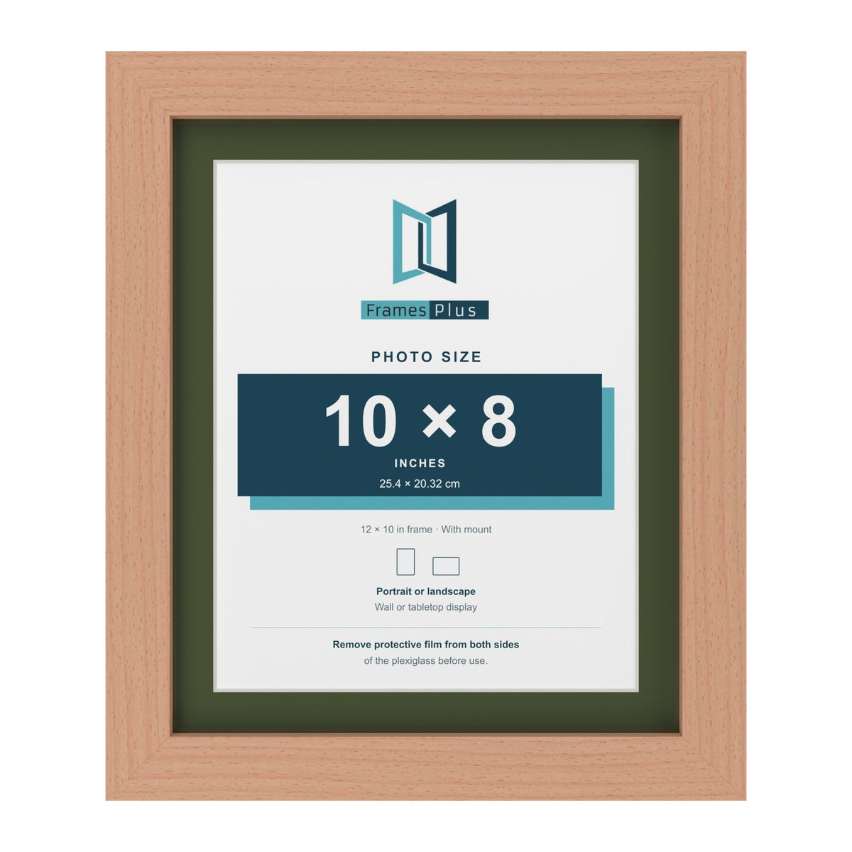 Beech 12 x 10 inch picture frame with a green mount for a 10 x 8 inch photo