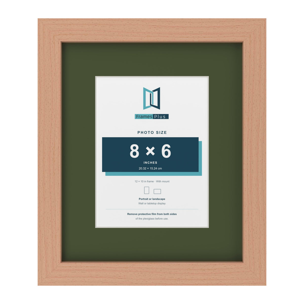 Beech 12 x 10 inch picture frame with a green mount for an 8 x 6 inch photo