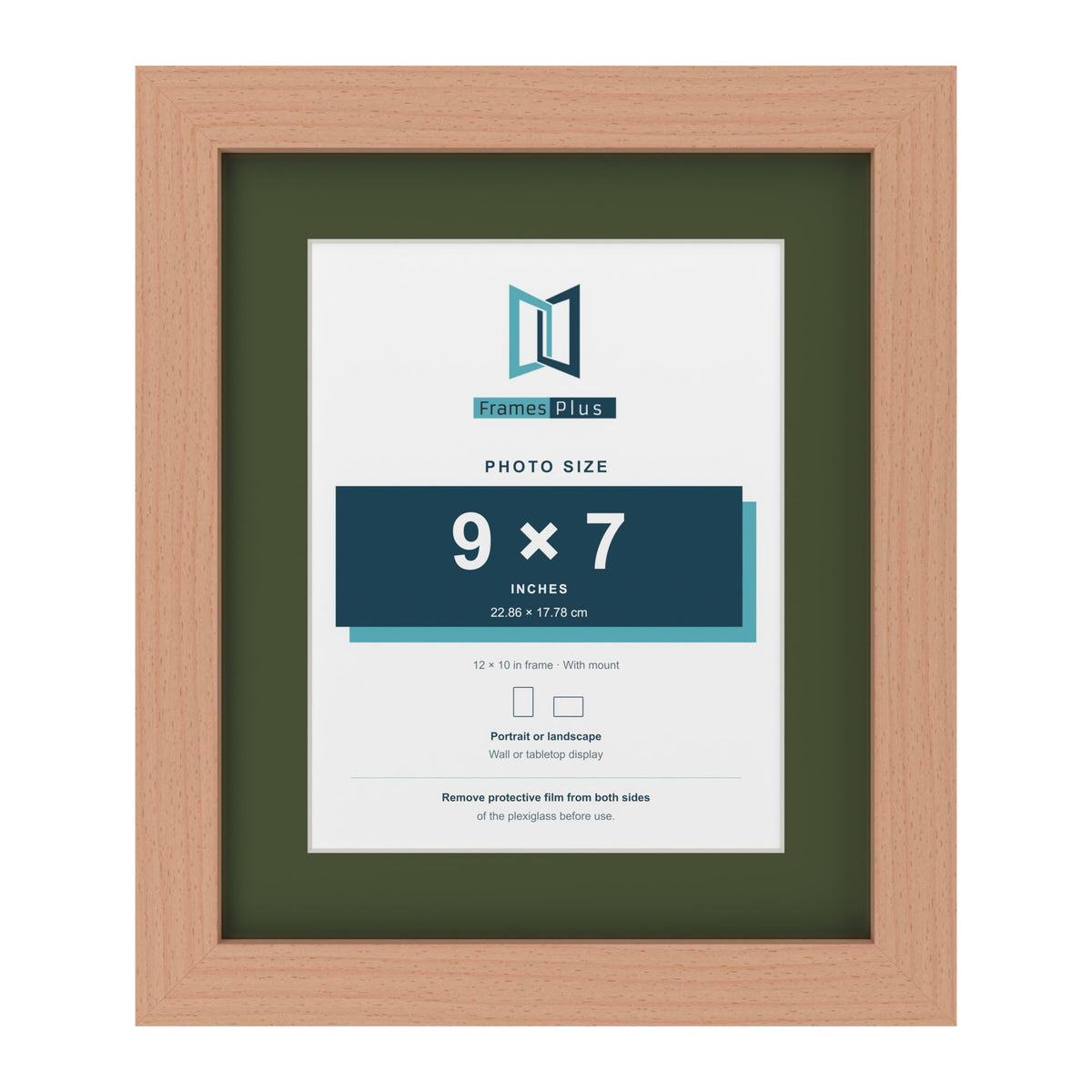 Beech 12 x 10 inch picture frame with a green mount for a 9 x 7 inch photo