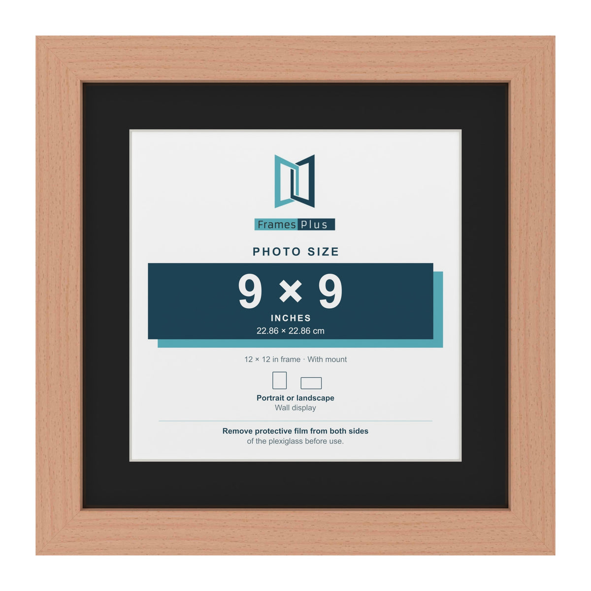 Beech 12 x 12 inch picture frame with a black mount for a 9 x 9 inch photo
