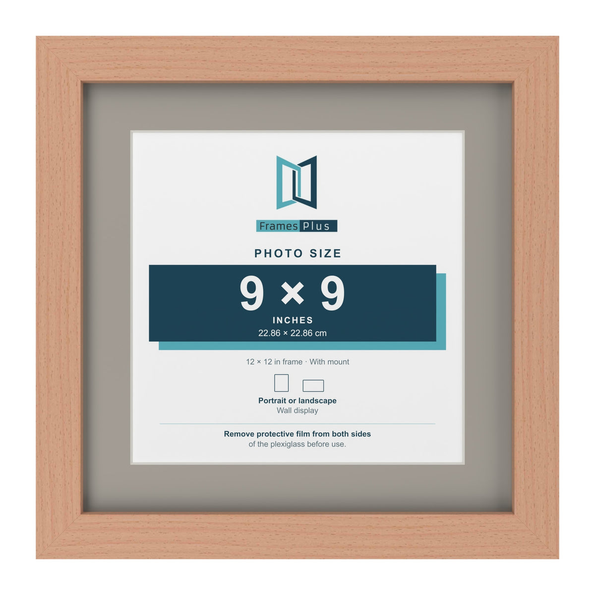 Beech 12 x 12 inch picture frame with a Dawn Grey mount for a 9 x 9 inch photo