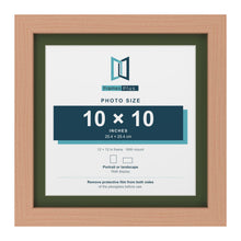 Beech 12 x 12 inch picture frame with a green mount for a 10 x 10 inch photo