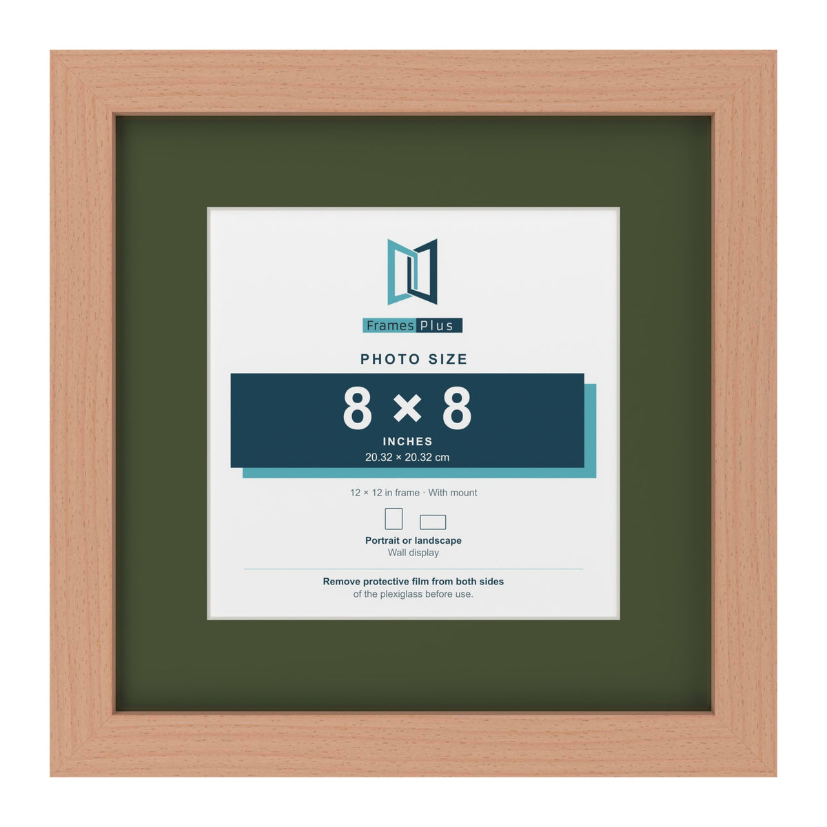 Beech 12 x 12 inch picture frame with a green mount for an 8 x 8 inch photo