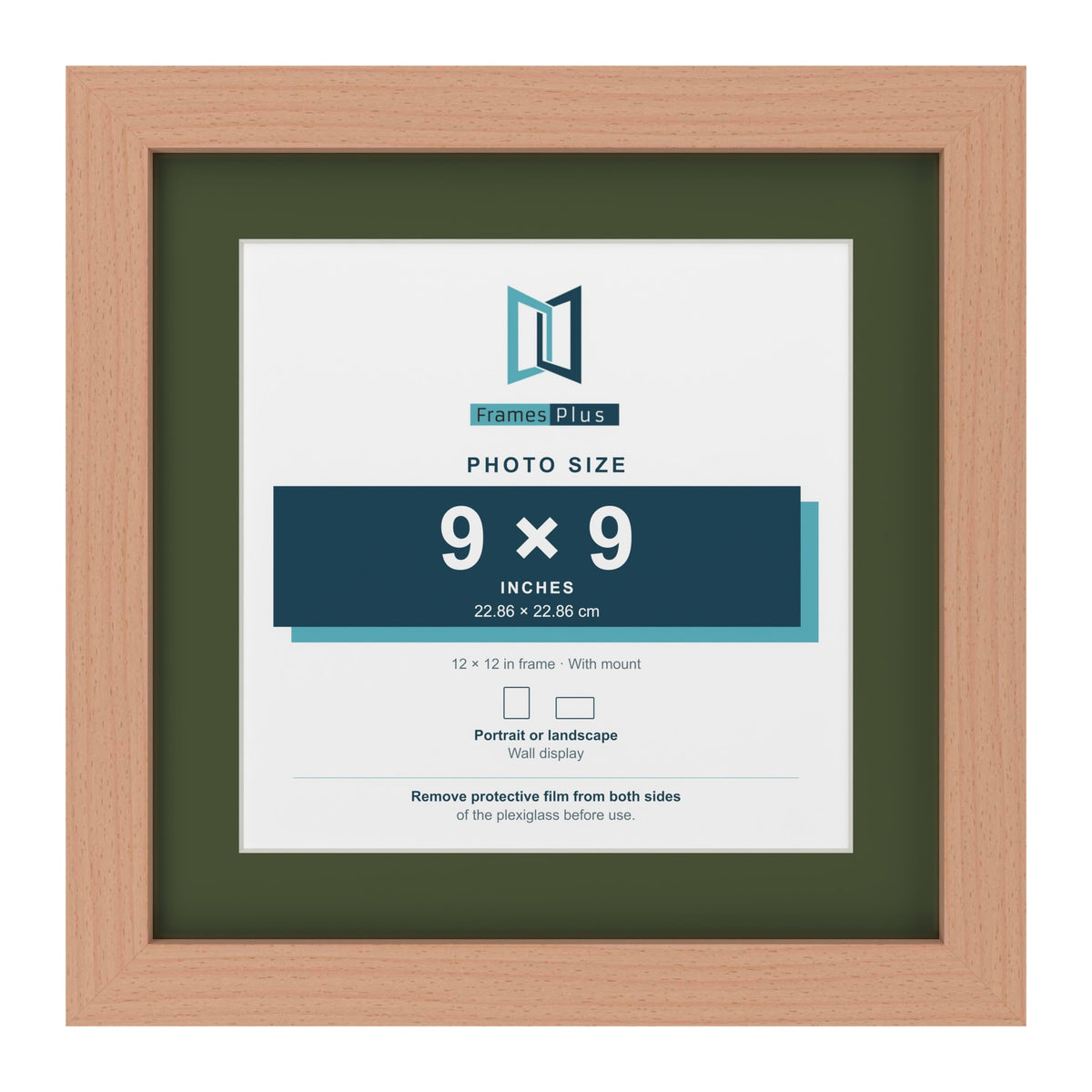 Beech 12 x 12 inch picture frame with a green mount for a 9 x 9 inch photo