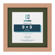 Beech 12 x 12 inch picture frame with a green mount for a 9 x 9 inch photo