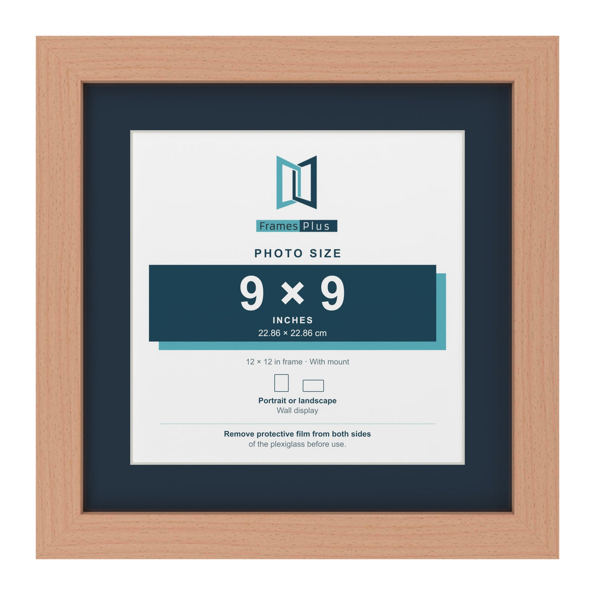 Beech 12 x 12 inch picture frame with a Pacific Blue mount for a 9 x 9 inch photo