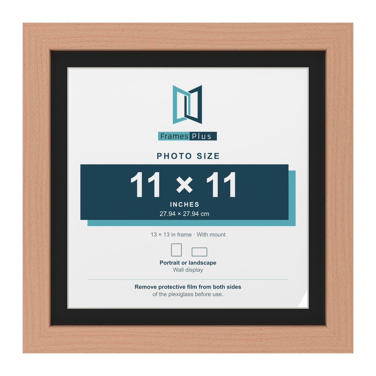 Beech 13 x 13 inch picture frame with a black mount for an 11 x 11 inch photo