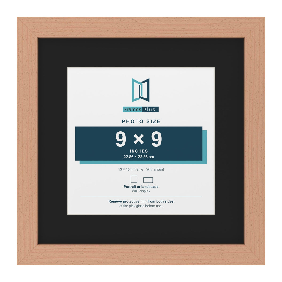 Beech 13 x 13 inch picture frame with a black mount for a 9 x 9 inch photo