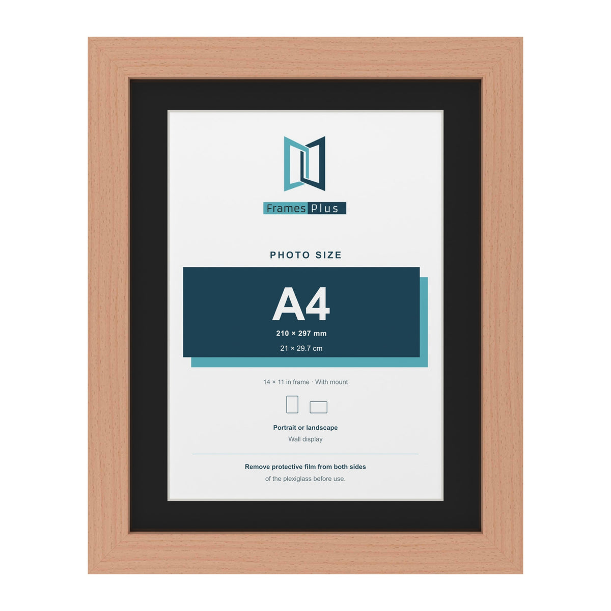 Beech 14 x 11 inch picture frame with a black mount for an A4 photo