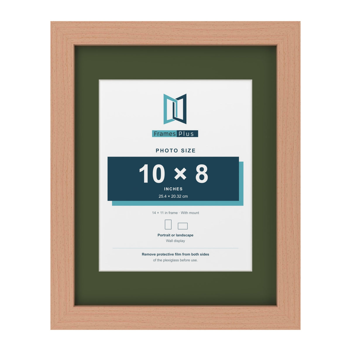 Beech 14 x 11 inch picture frame with a green mount for a 10 x 8 inch photo