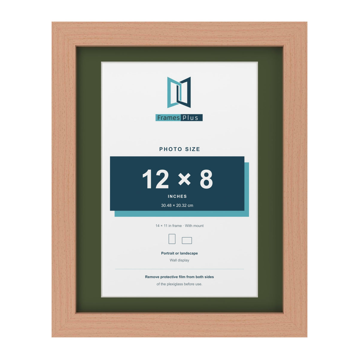 Beech 14 x 11 inch picture frame with a green mount for a 12 x 8 inch photo