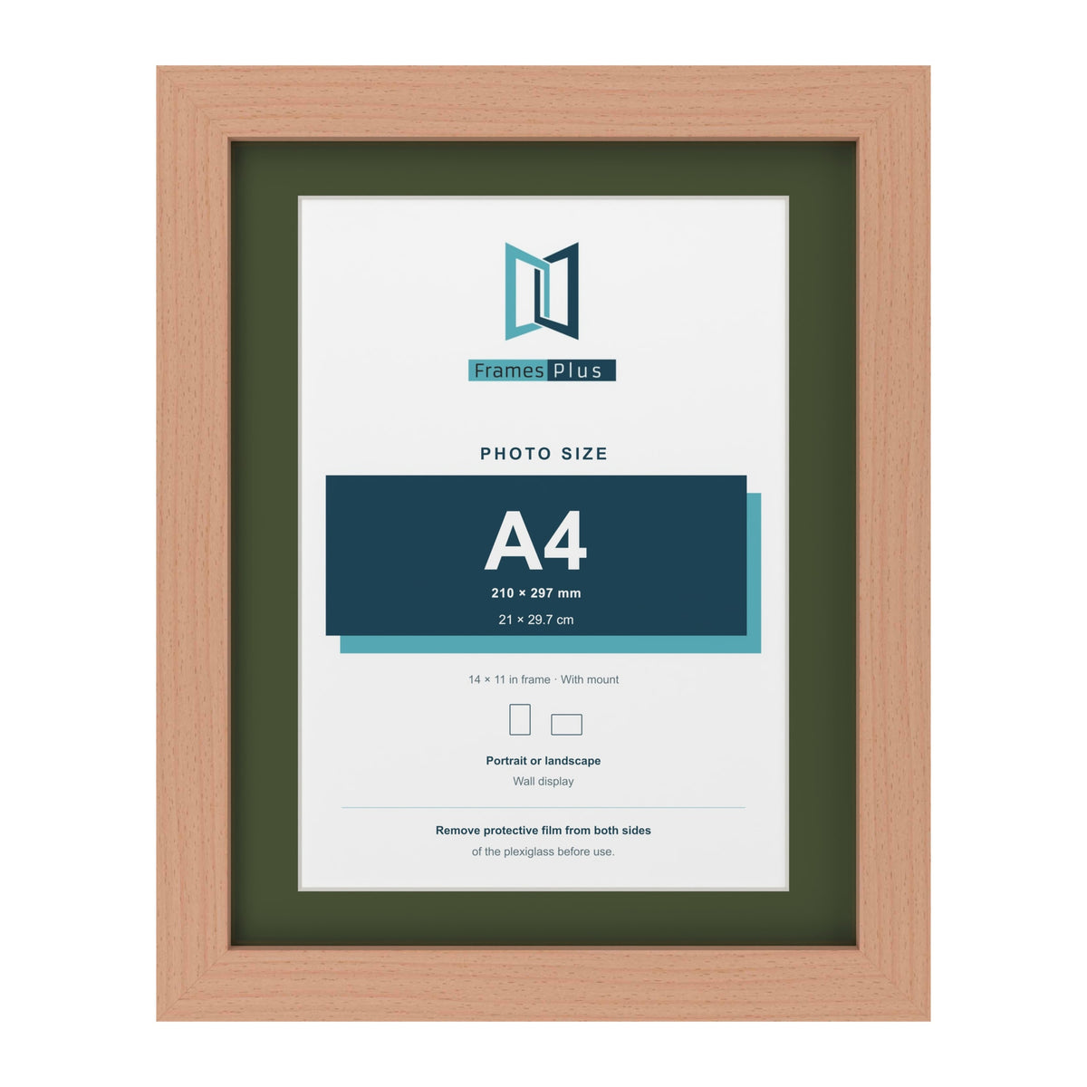 Beech 14 x 11 inch picture frame with a green mount for an A4 photo