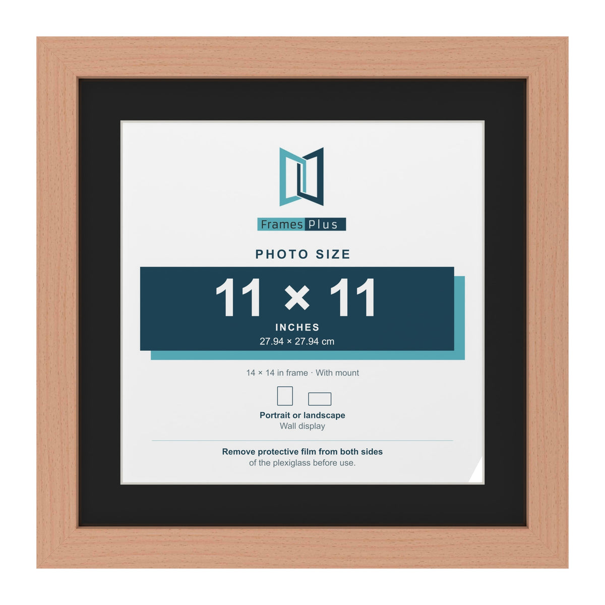 Beech 14 x 14 inch picture frame with a black mount for an 11 x 11 inch photo