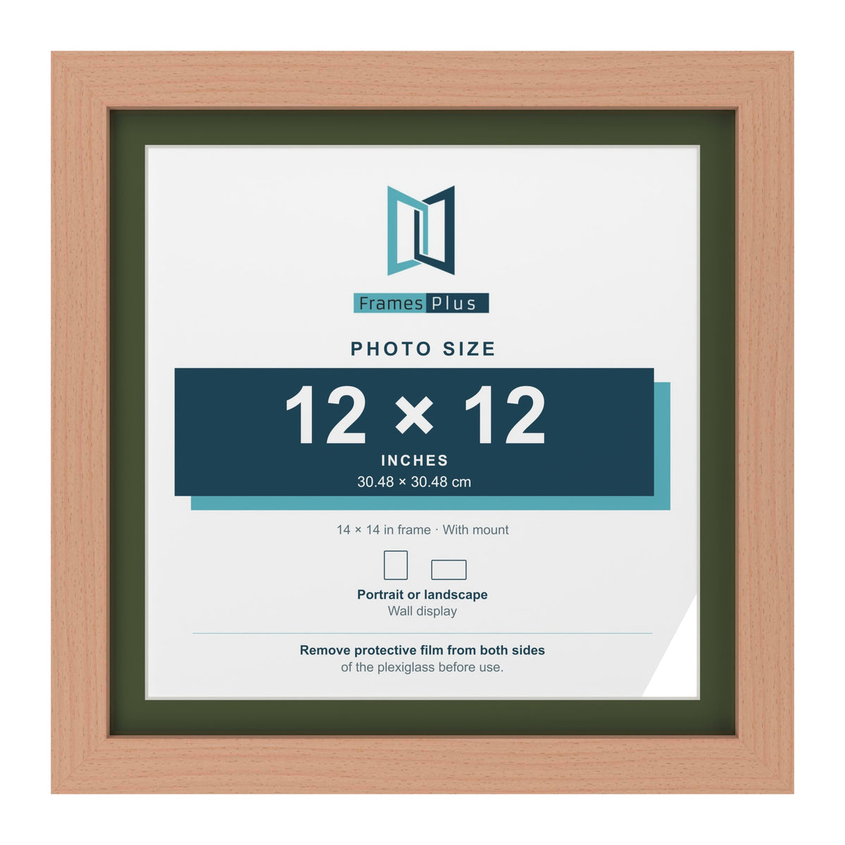 Beech 14 x 14 inch picture frame with a green mount for a 12 x 12 inch photo