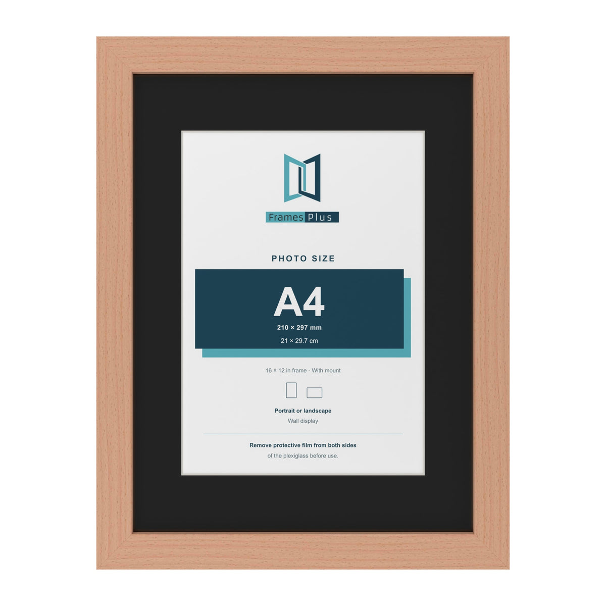 Beech 16 x 12 inch picture frame with a black mount for an A4 photo