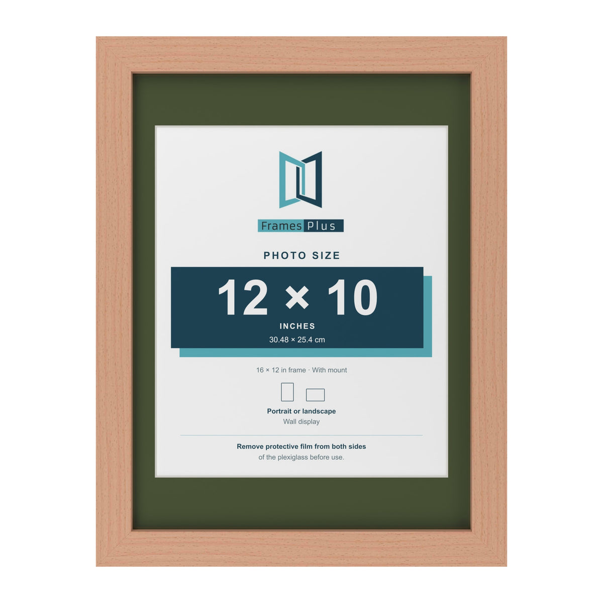 Beech 16 x 12 inch picture frame with a green mount for a 12 x 10 inch photo