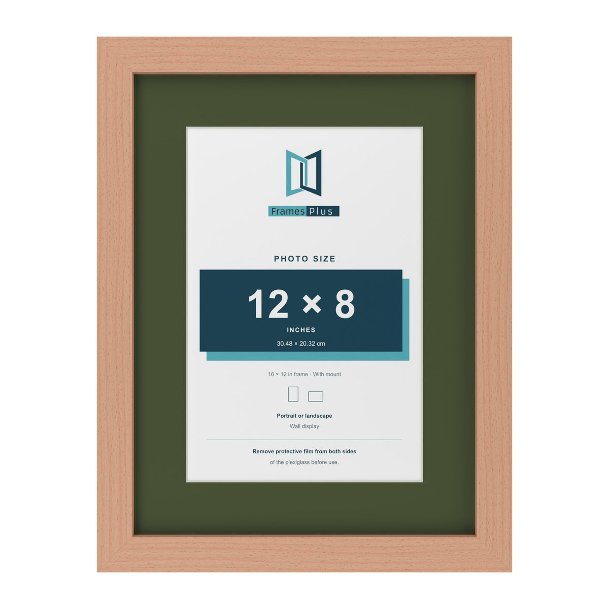 Beech 16 x 12 inch picture frame with a green mount for a 12 x 8 inch photo