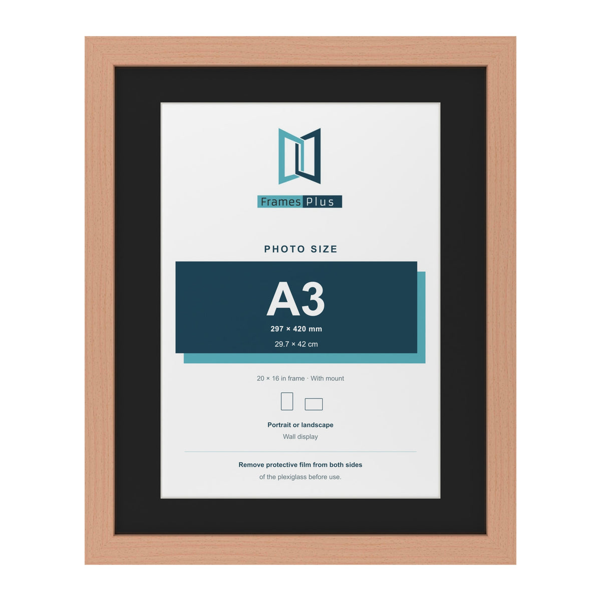 Beech 20 x 16 inch picture frame with a black mount for an A3 photo