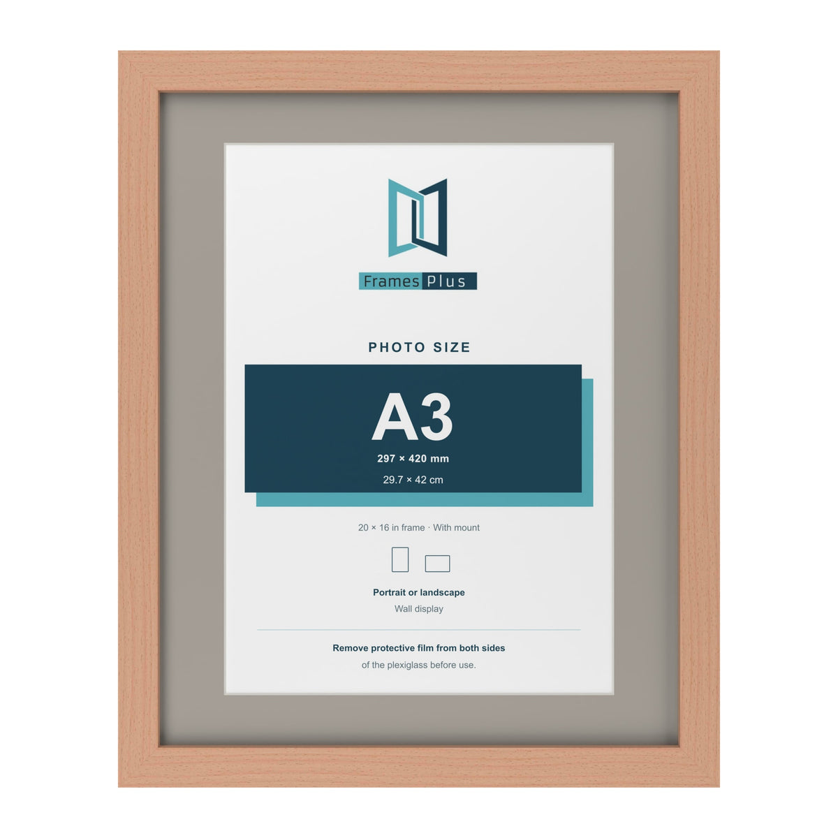 Beech 20 x 16 inch picture frame with a Dawn Grey mount for an A3 photo