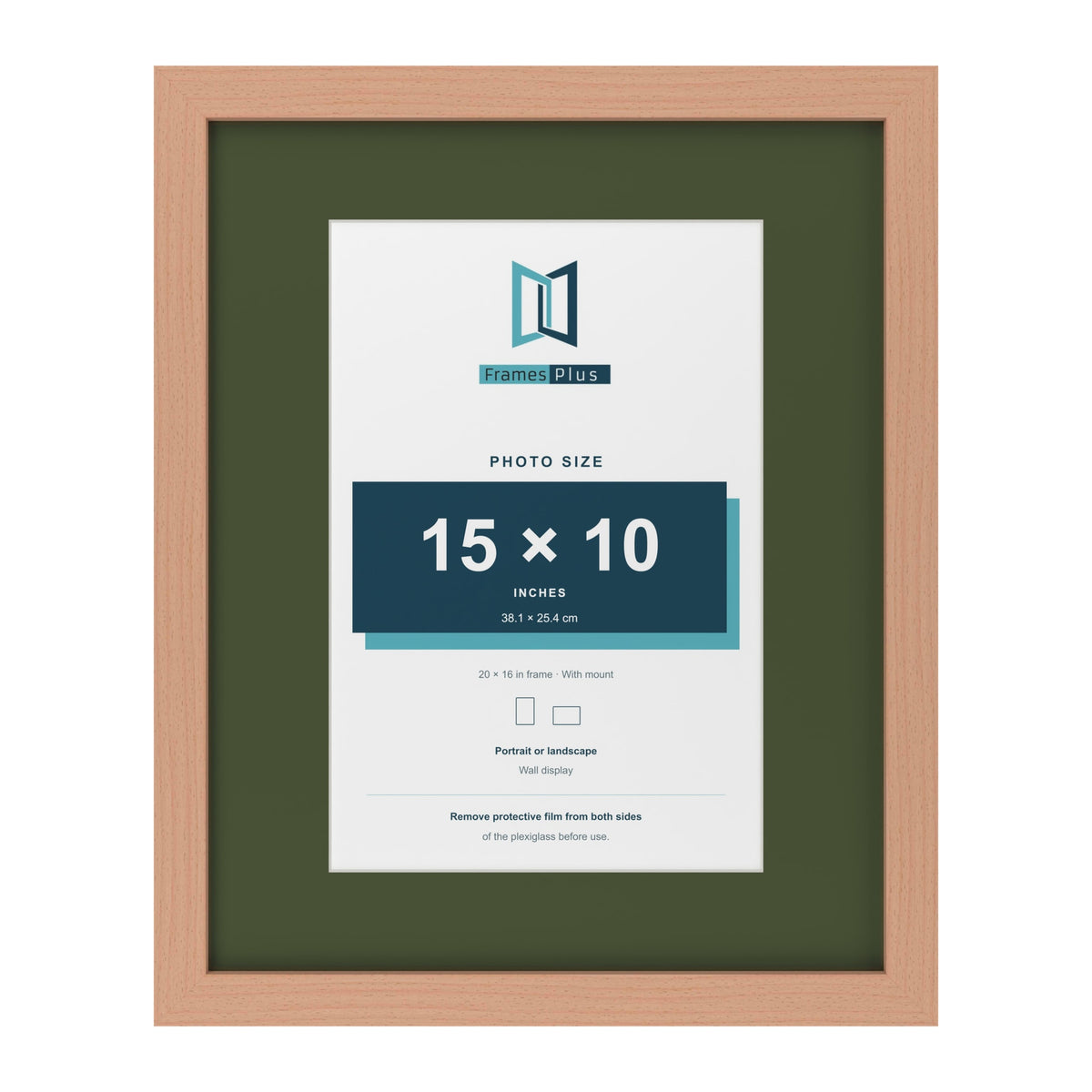 Beech 20 x 16 inch picture frame with a green mount for a 15 x 10 inch photo