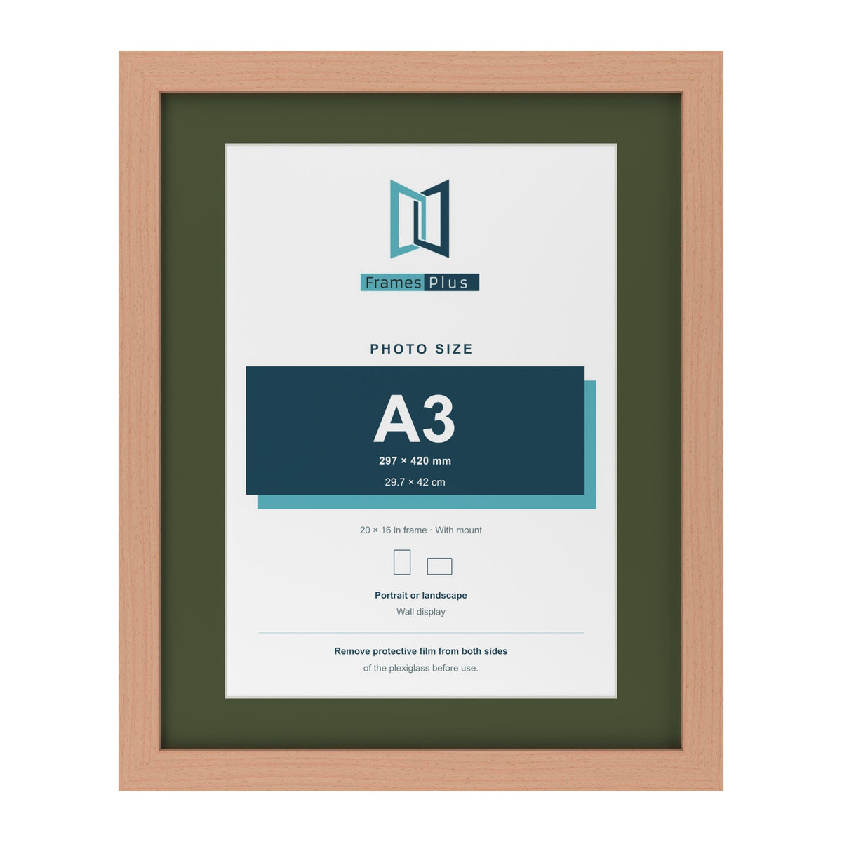 Beech 20 x 16 inch picture frame with a green mount for an A3 photo