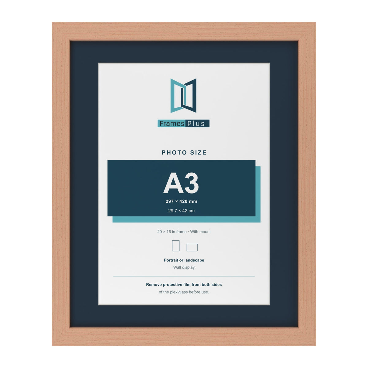 Beech 20 x 16 inch picture frame with a Pacific Blue mount for an A3 photo